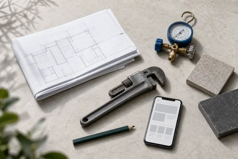 Residential plans, a pipe wrench, HVAC gauge, stone samples, and a phone displaying a website wireframe on a worktable
